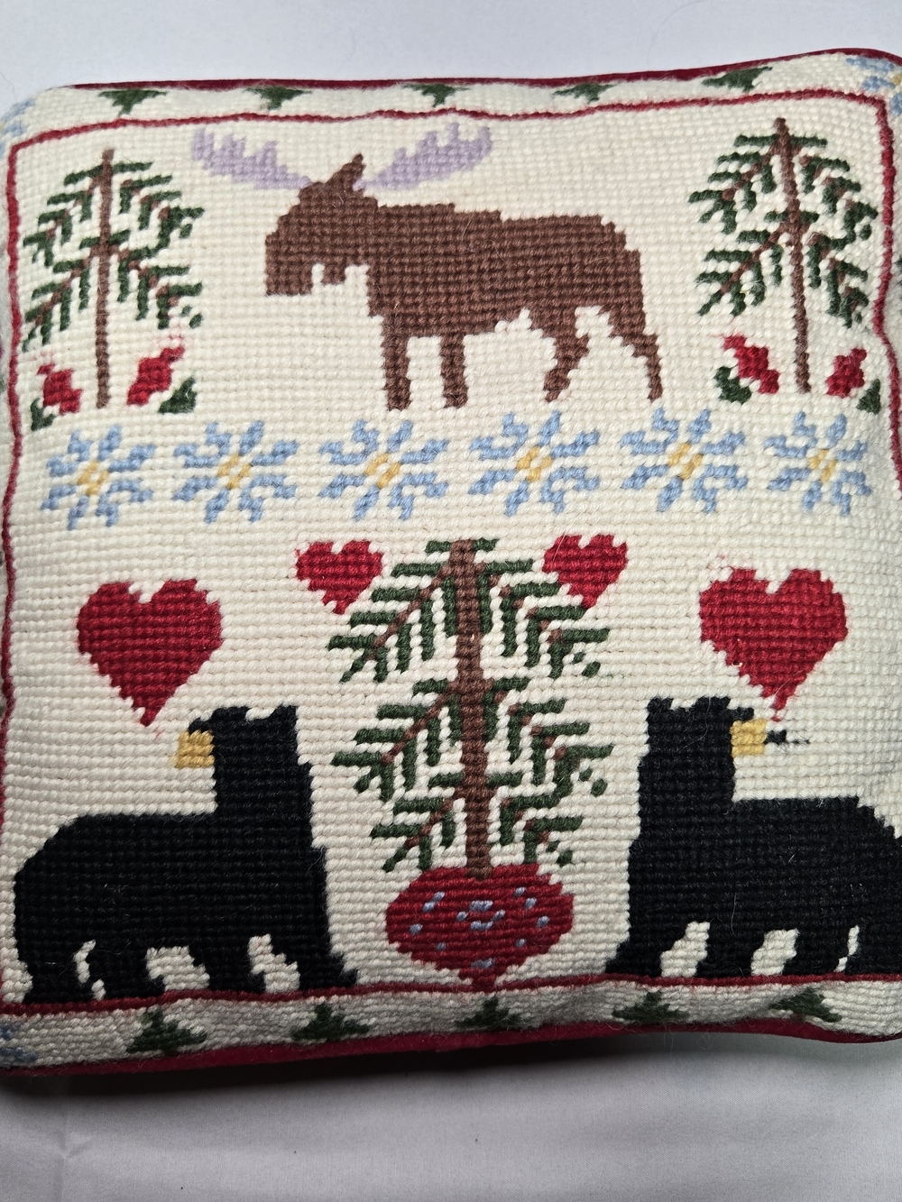 Handmade Needlepoint Animal & Heart Accent Pillow - Cream, Red, Black